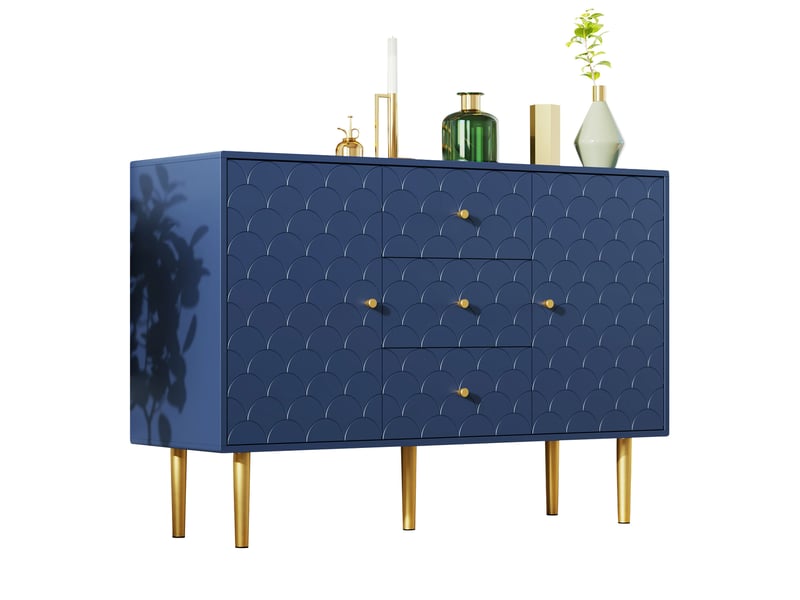  Buffet 120x40x83 cm, 2 portes, 3 tiroirs, motif écailles, étagère réglable, panneau de particules et métal, bleu marine  - Conforama A