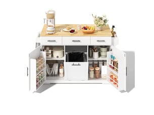 Ilot central de cuisine - 136x75x92cm - desserte avec plateau rabattable meuble poubelle prises et tiroirs - blanc