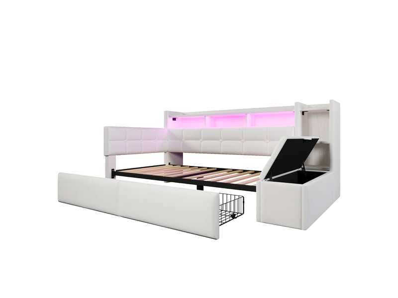  Canapé-lit 90x190 cm avec deux tiroirs, lit simple avec bande lumineuse led et port usb, blanc, lit simple en velours  - Conforama B