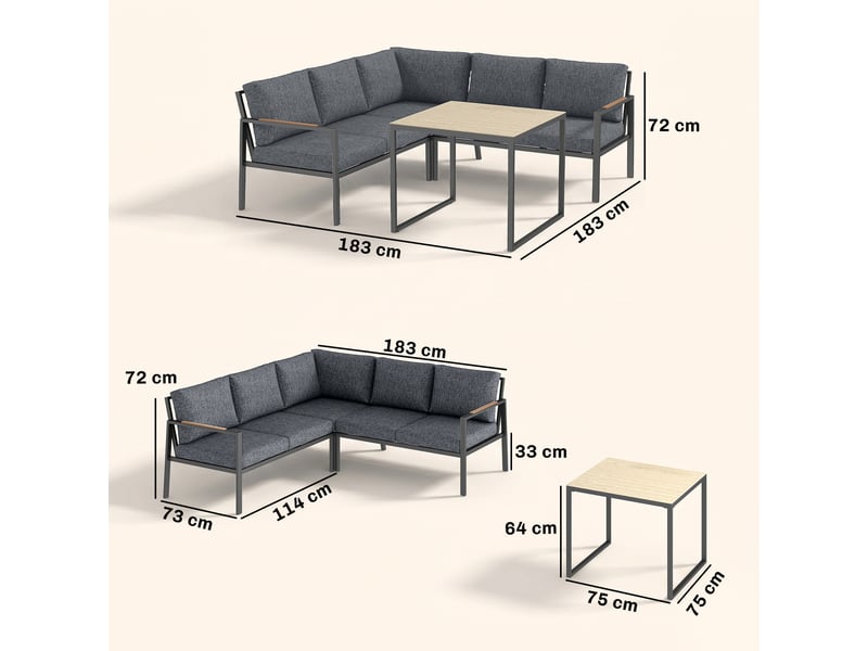 Salon de jardin extérieur 3 pcs 5 pl. 2 canapés avec coussins épais, 1 table basse,gris foncé - Conforama E