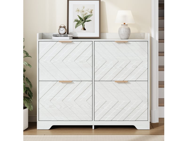  Meuble à chaussures à 4 compartiments abattants en mdf blanc, façade 3d  - Conforama C