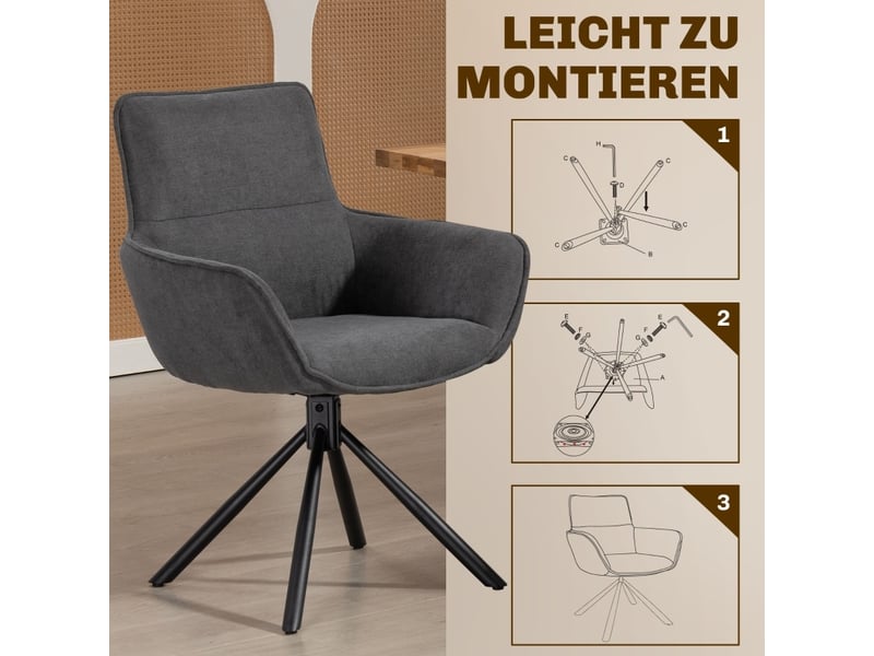 Lot de 2 chaises de salle à manger rotatives, rembourrées, accoudoirs, pieds en métal, gris foncé - Conforama D