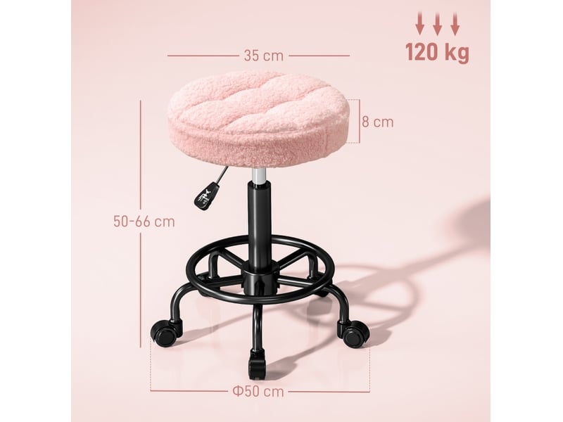  Tabouret de bureau rose réglable 50-66 cm, pivotant à 360° sur roulettes, assise rembourrée pour travailler  - Conforama C