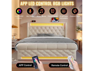 Lit coffre de rangement 140x200 2 places - lit adulte double avec éclairage led - beige - velours - rangement hydraulique