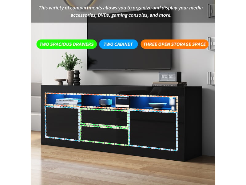  Meuble tv haute brillance 160 x 35 x 60cm avec led,3 compartiments ouverts,2 portes+2 tiroirs,contrôle intelligent de l'app,noir Façade Brillante,avec Lumière - Conforama R