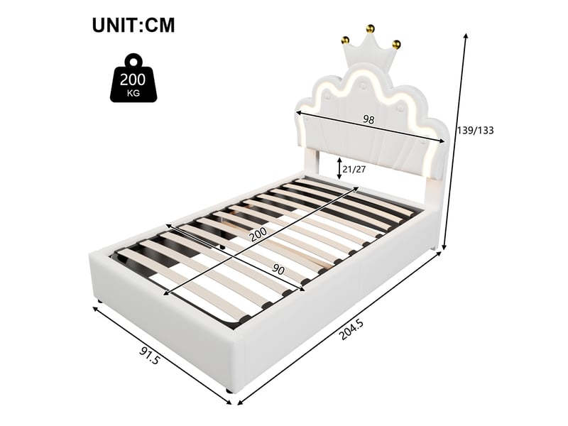  Modenvie lit coffre 1 place 90x200 cm - bande led, tête de lit réglable - sans matelas - blanc  - Conforama C