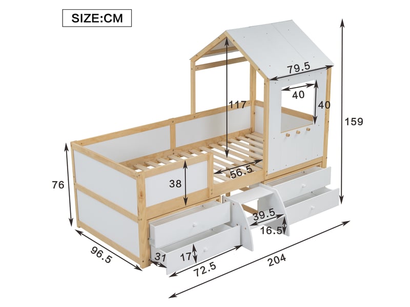  Lit enfant 90x200cm, lit 1 place avec 4 tiroirs de rangement, escalier et sommier, lit maison, pin+mdf, blanc+naturel, sans matelas  - Conforama D