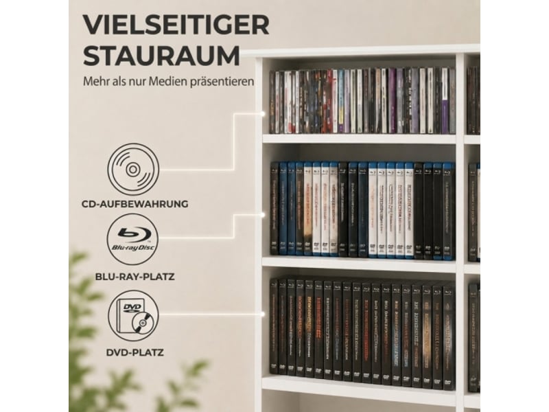  Meuble multimédia blanc 8 niveaux, 12 étagères réglables, 16 compartiments, 720 cd  - Conforama D