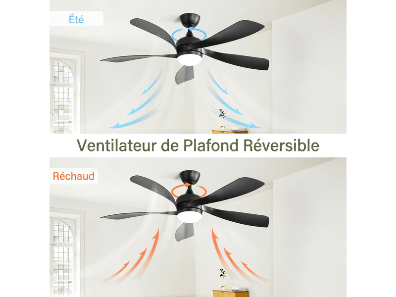  Ventilateur de plafond avec lumière 132 cm noir, moteur dc silencieux 6 vitesses, led dimmable 3 couleurs avec télécommande pour salon  - Conforama C