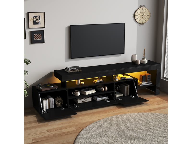 Meuble tv bas 192x37x53 cm pour tv 85 pouces, led, 3 portes abattantes, niches ouvertes, finition brillante - noir - Conforama D