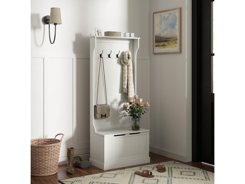 Porte-manteau avec banc de rangement pour chaussures, 4 crochets, style moderne, 71,5 x 39,5 x 170 cm, blanc - Conforama C