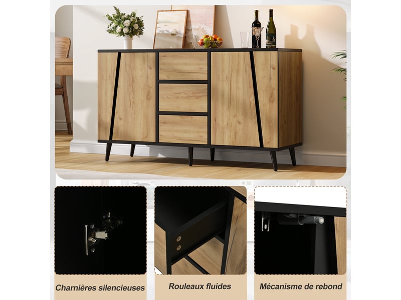  Buffet bas 120x40x70 cm avec 2 portes et 3 tiroirs, étagères réglables, meuble bar et rangement salon salle à manger - mdf-noirbois  - Conforama E