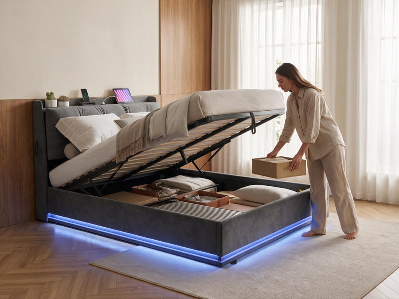  Lit double 140×200 – lit coffre –  éclairage led rgb – port usbtype‑c et électriques  –  sommier à lattes – velours gris  - Conforama C