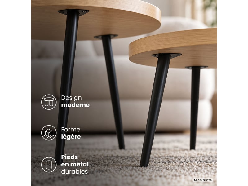  Lot de 2 tables basses twino coloris bois naturel 52 cm rondes pieds noirs 52x52x45 cm et 38x38x38 cm TWINO - Conforama E