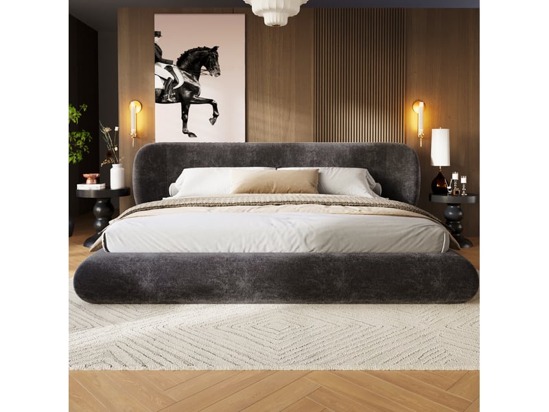 Lit double 140x200 cm en chenille gris avec tête de lit et sommier à lattes - Conforama E