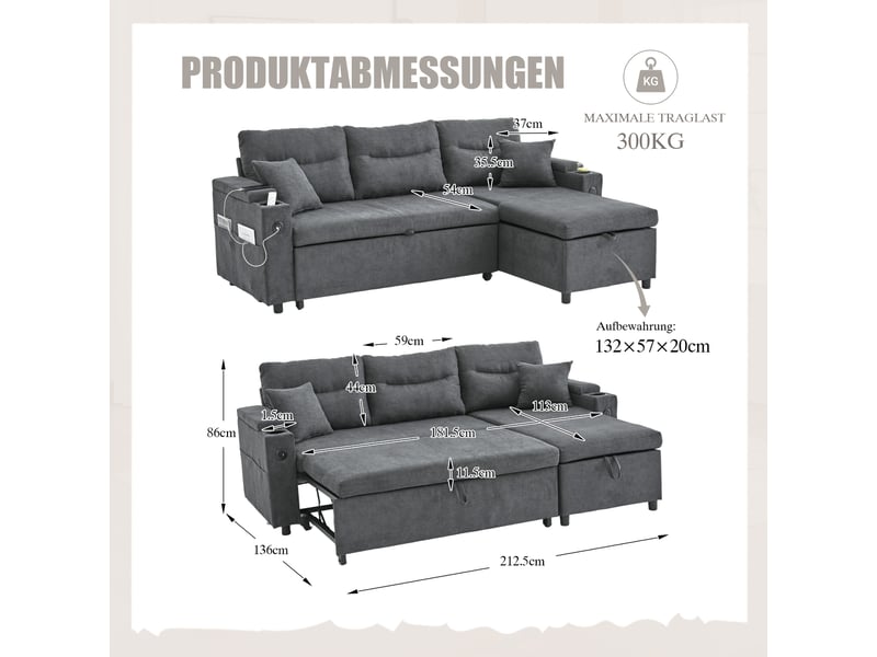  Canapé convertible moderne 3 places avec rangement hydraulique et port usb-c, lin, 212,5 x 136 x 86 cm - gris foncé  - Conforama E