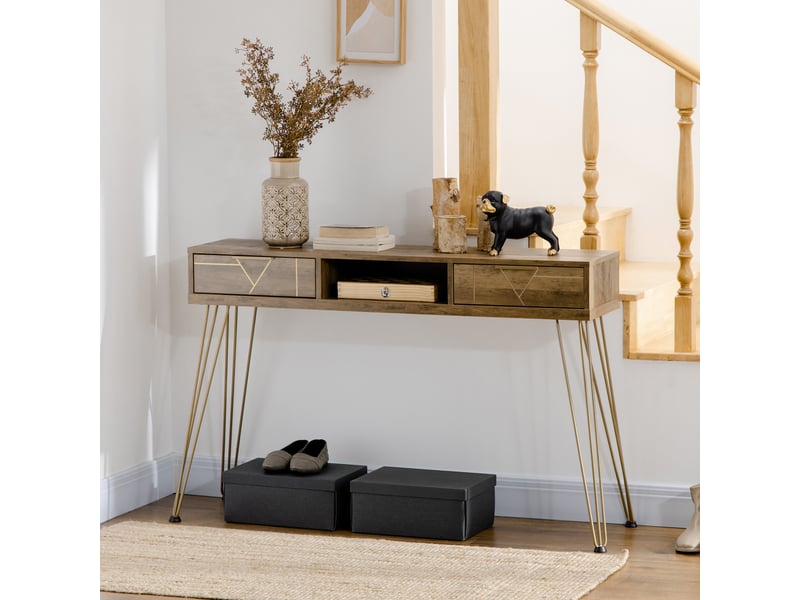  Console d'entrée avec 2 tiroirs, une étagère ouverte et des pieds en acier, 120 x 29 x 79 cm, bois et bronze  - Conforama D