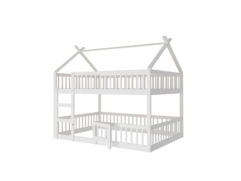 Lit superposé enfant 140 x 200 cm, lit familial enfant, lit superposé avec escalier, style mezzanine, cadre de lit superposé en bois massif, blanc - Conforama E