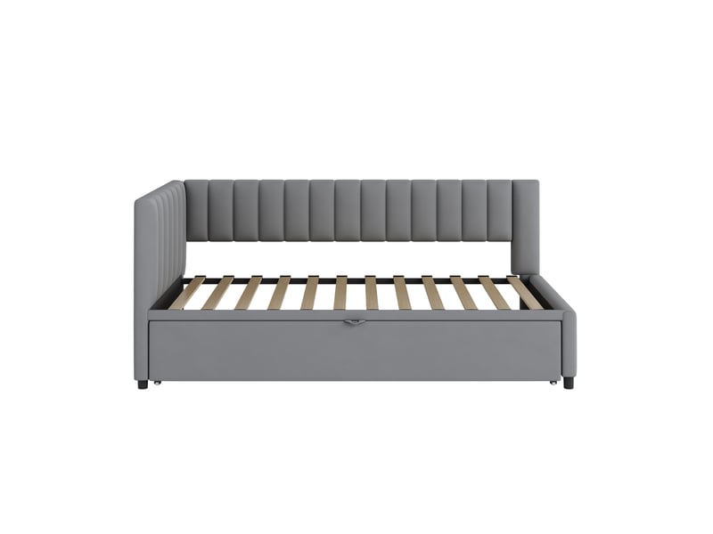 Lit banquette gigogne 200×90 cm, extensible à 180 cm de large, en velours gris avec dossier et tête de lit - Conforama E