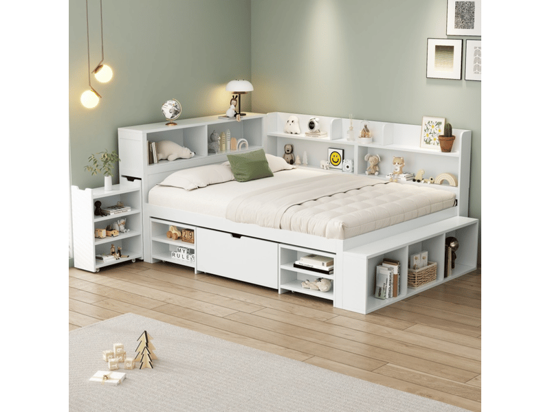  Lit enfant 140x200 cm avec rangements - sommier à lattes inclus, tiroirs et bibliothèque, blanc  - Conforama R
