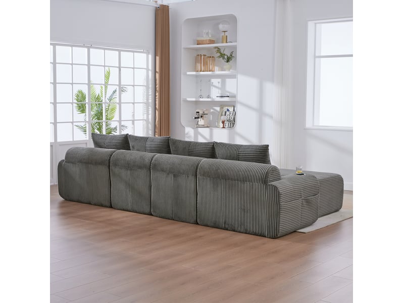  Canapé modulable 4 places 333x174x80 cm, configurable, porte-gobelet intégré, poche latérale, velours côtelé gris foncé  - Conforama R