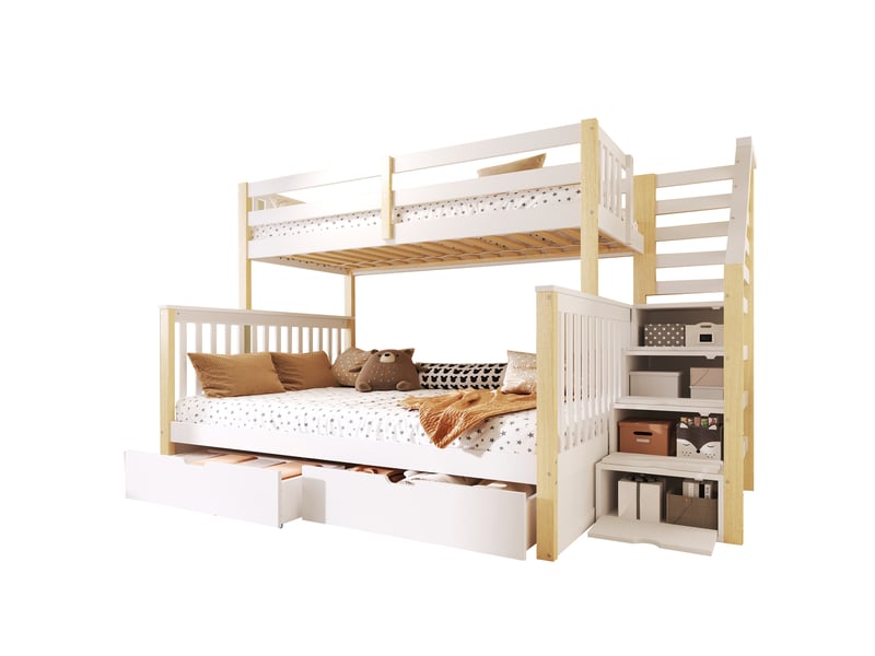 Lit superposé 90x200 sur 140x200 avec tiroirs de rangement, lit enfant en bois massif, escalier latéral, blanc et nature. - Conforama A