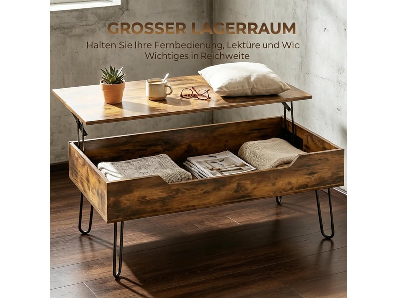  Table basse, à plateau relevable, 95 x 50 x h 40–54,5 cm, brun rustique et noir, structure en mdf, style rustique, structure mdf et acier, pour salon Luxe haut de gamme - Conforama E