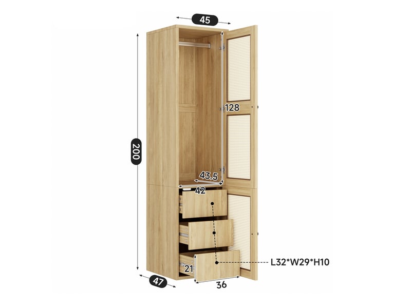  Armoire une porte 45x47x200 cm, penderie dressing étroit pour chambre et entrée, mdf style bohème rotin, avec tringle et 3 tiroirs, naturel  - Conforama E