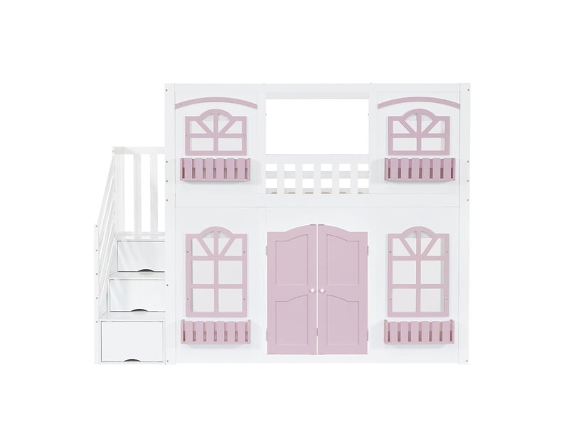  Lit superposé en bois blanc et rose, 90 x 200 cm, lit en forme de maison avec fenêtres en acrylique, espace de jeu ouvert et porte battante en bas  - Conforama A