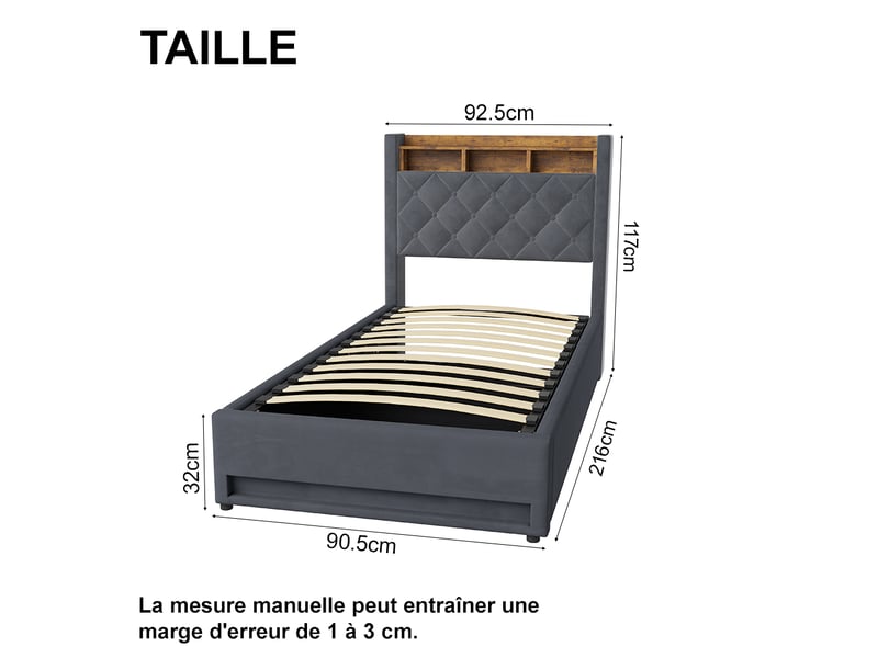  Lit 1 personne 90x200 cm avec rangement, led et usb gris homvra  - Conforama B