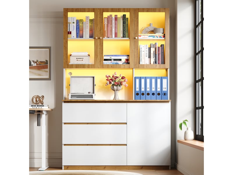  Vitrine haute 120x200 cm avec led multicolore, plan de travail rallongé, 3 tiroirs, 1 porte et passe-câbles, blanc et chêne  - Conforama B