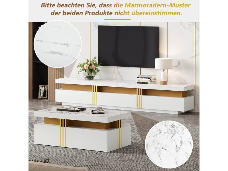  Meuble tv avec table basse, 3 tiroirs et 2 tiroirs, finition marbre, pour salon, blanc, en panneaux de particules  - Conforama E
