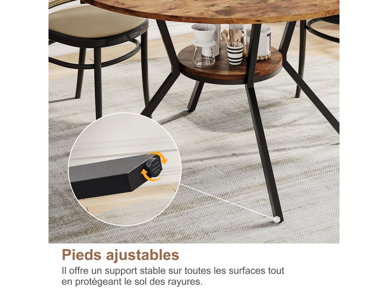 Table à manger ronde pour 6 personnes, table de cuisine style industriel avec plateau aspect bois et pied en métal 120 cm - Conforama W