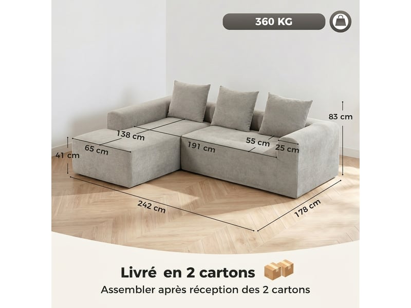  Canapé d'angle en chenille, canapé 3 places en l 242 cm avec méridienne, assise profonde, accoudoirs larges, gris clair  - Conforama C