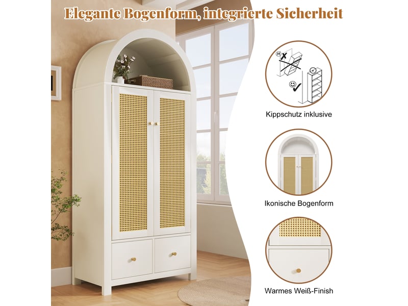  Armoire 181x78x45 cm - penderie 2 portes avec cannage rotin, 2 tiroirs, étagère ouverte, style campagne, blanc  - Conforama D