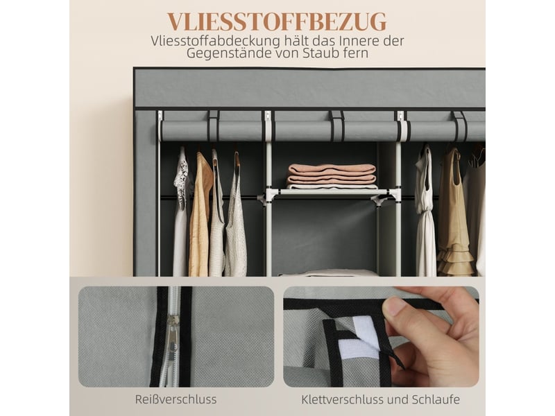  Armoire en tissu pliable à fermeture zippée,avec 2 penderies et 3 tiroirs en non-tissé, 125×43 ×162.5 cm,gris clair  - Conforama E