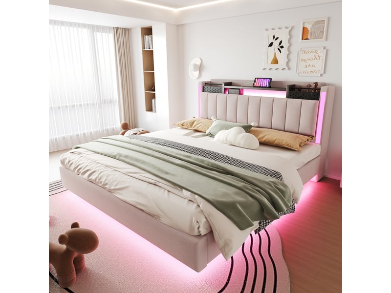  Lit double 160 × 200 cm en lin beige, tête de lit avec rangement, led, usb et effet flottant Fay Lum - Conforama B
