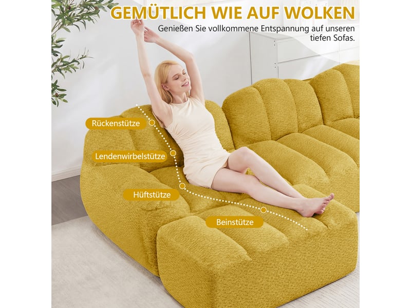 Canapé modulable 3 places en l avec pouf, canapé d’angle sans cadre, assise profonde, mousse haute densité 32d, tissu doux effet polaire - jaune - Conforama E