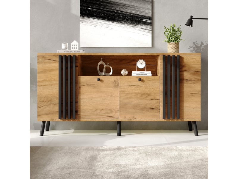 Buffet bas 140x35x71 cm avec 4 portes, 1 niche et 6 pieds en bois massif, meuble de rangement pour salon et salle à manger, mdf - noir et naturel  - Conforama C