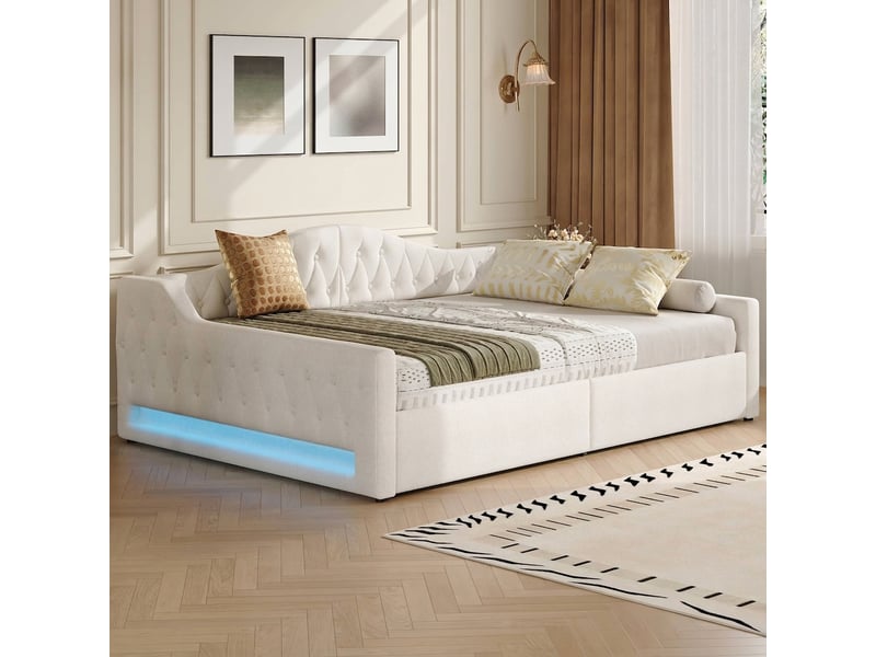 Lit banquette 140x200 avec rangement et led 7 couleurs beige - Conforama C