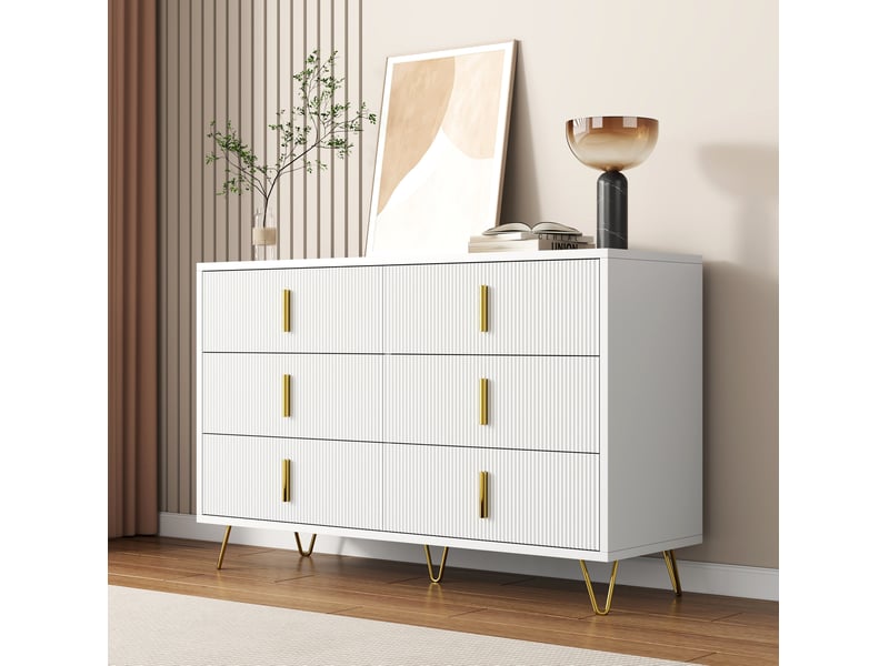  Commode bas 6 tiroirs 120x77x40 cm, ondulé, poignées et pieds dorés, panneau de particules, blanc et doré  - Conforama B