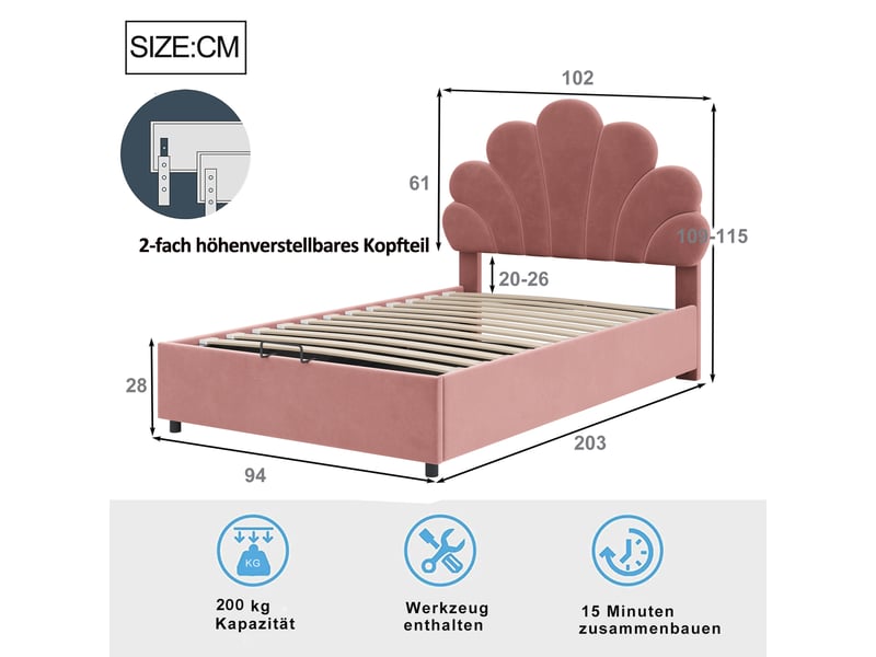  Lit coffre enfant 90x200 cm, espace de rangement, tête de lit réglable, sommier, velours rose foncé, sans matelas  - Conforama C