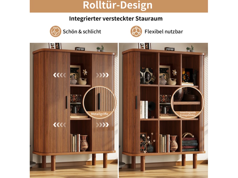  Buffet haut avec 2 portes à rideau et niches ouvertes pour salle à manger en mdf marron foncé 110 × 40 × 160 cm  - Conforama E