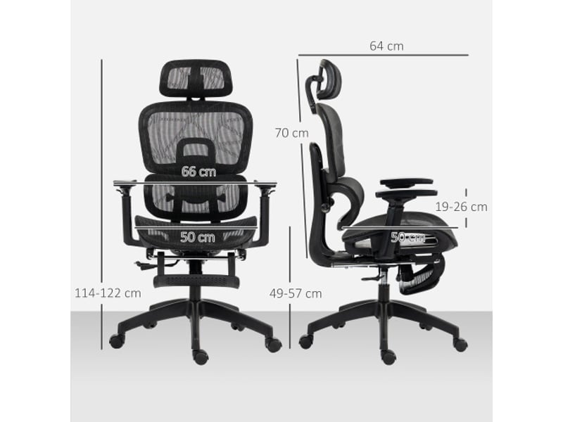 Chaise de bureau ergonomique en mesh avec accoudoirs, appui-tête, soutien lombaire, repose-pieds, noire - Conforama B