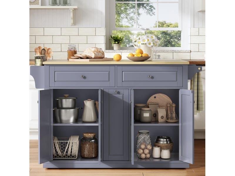  Desserte de cuisine 121 x 49 à 69 x 89 cm naturel et gris mdf, plateau rabattable et roulettes verrouillables  - Conforama B