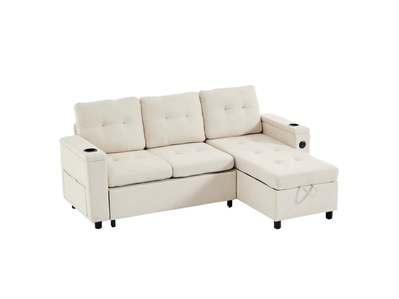  Canapé d’angle convertible 3 places 208 x 146 x 89,5 cm avec rangement dissimulé, éclairage led, ports usb, tissu beige  - Conforama A