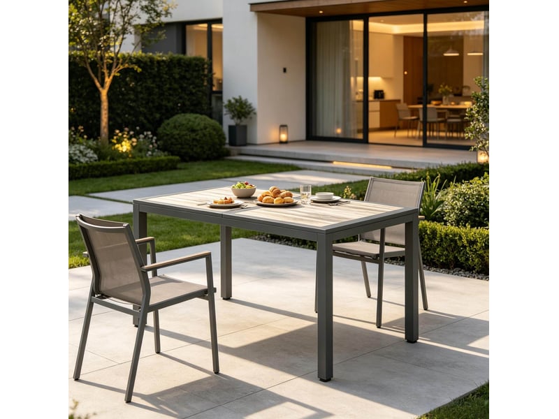  Table de jardin ulevr pour 4 à 6 personnes avec pieds réglables, 140 x 80 x 72 cm, plateau pspc effet bois et structure en acier galvanisé gris foncé  - Conforama E