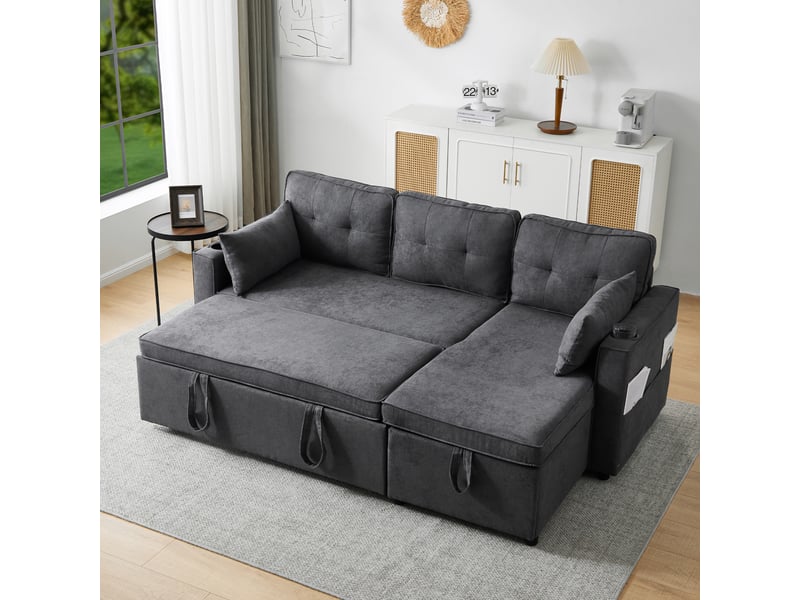  Canapé d’angle convertible en l 3 places avec méridienne réversible, fonction lit, coffre de rangement, porte-gobelets, poches latérales et 2 coussins - gris  - Conforama C