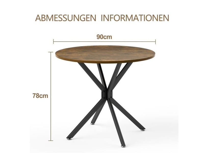  Table à manger ronde - 1 à 4 personnes - marron rustique et noir - pieds en métal stables 90x90x78cm - Conforama E