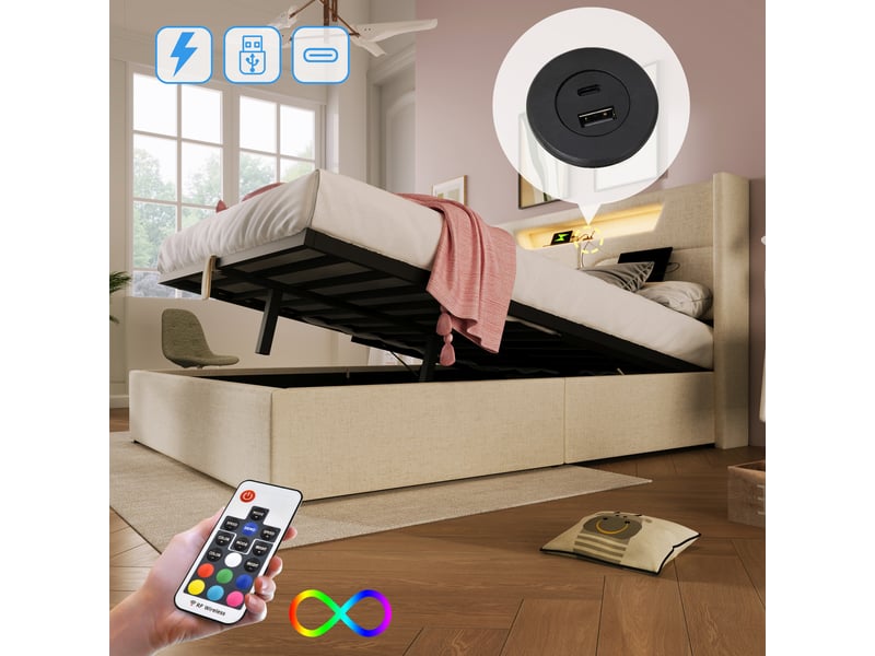  Lit double rembourré 160x200cm avec led, usb type-c, coffre et structure métallique, beige, sans matelas  - Conforama E